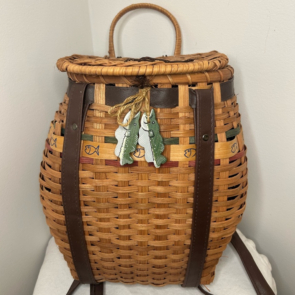 Vintage Fishing Backpack Basket Woven Wicker